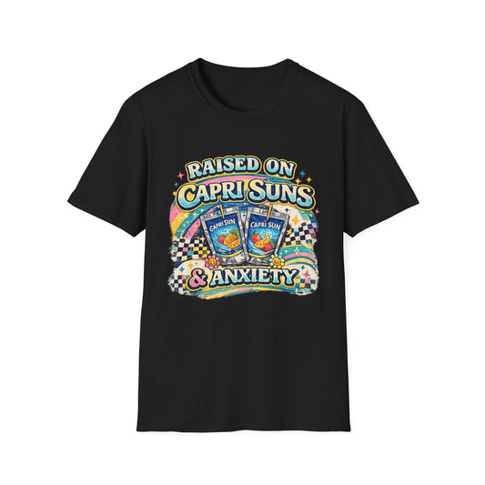 Raised on Capri Suns & Anxiety T‑Shirt — Retro Rainbow Vintage Graphic Tee