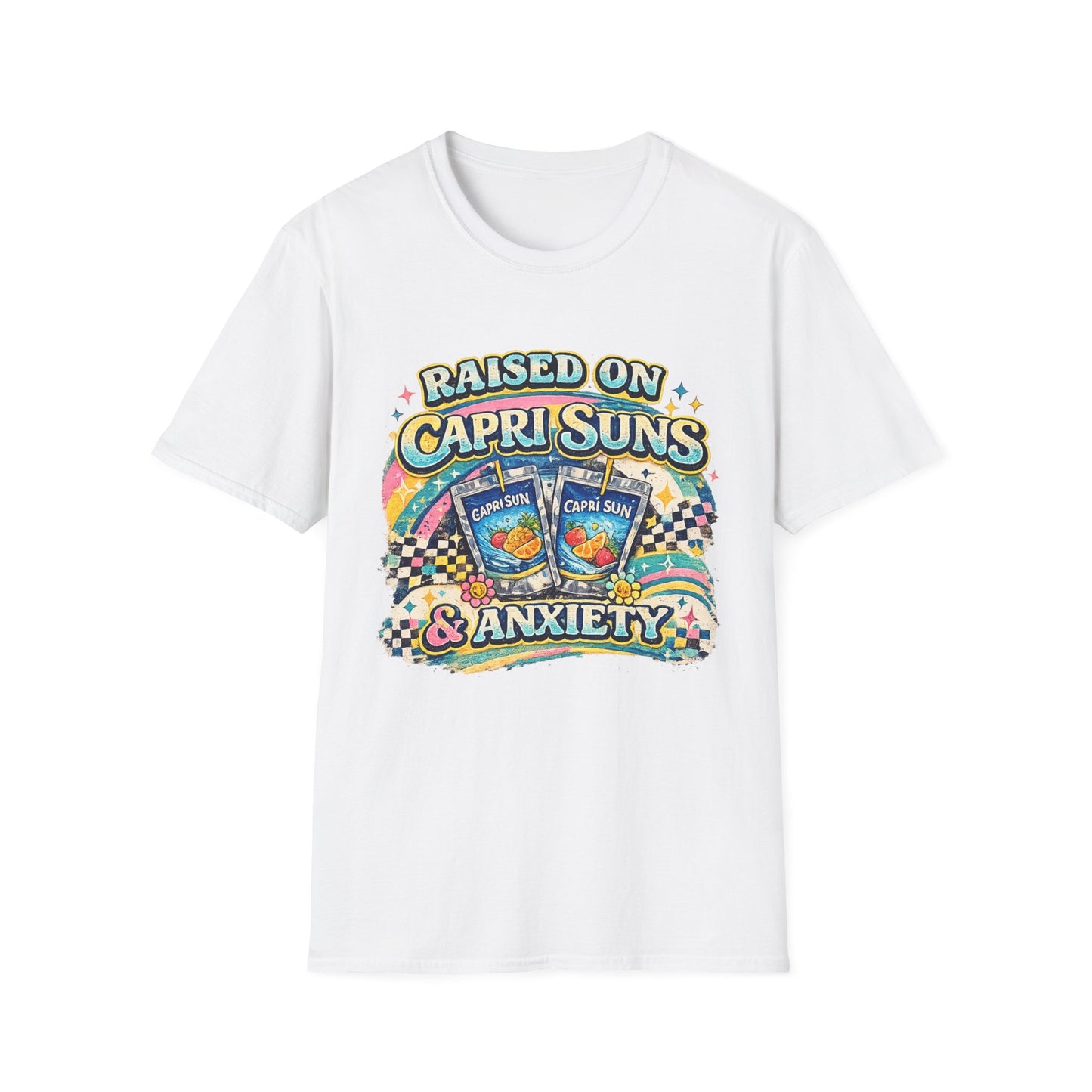 Raised on Capri Suns & Anxiety T‑Shirt — Retro Rainbow Vintage Graphic Tee