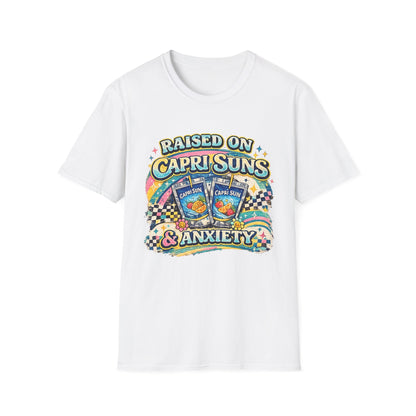 Raised on Capri Suns & Anxiety T‑Shirt — Retro Rainbow Vintage Graphic Tee