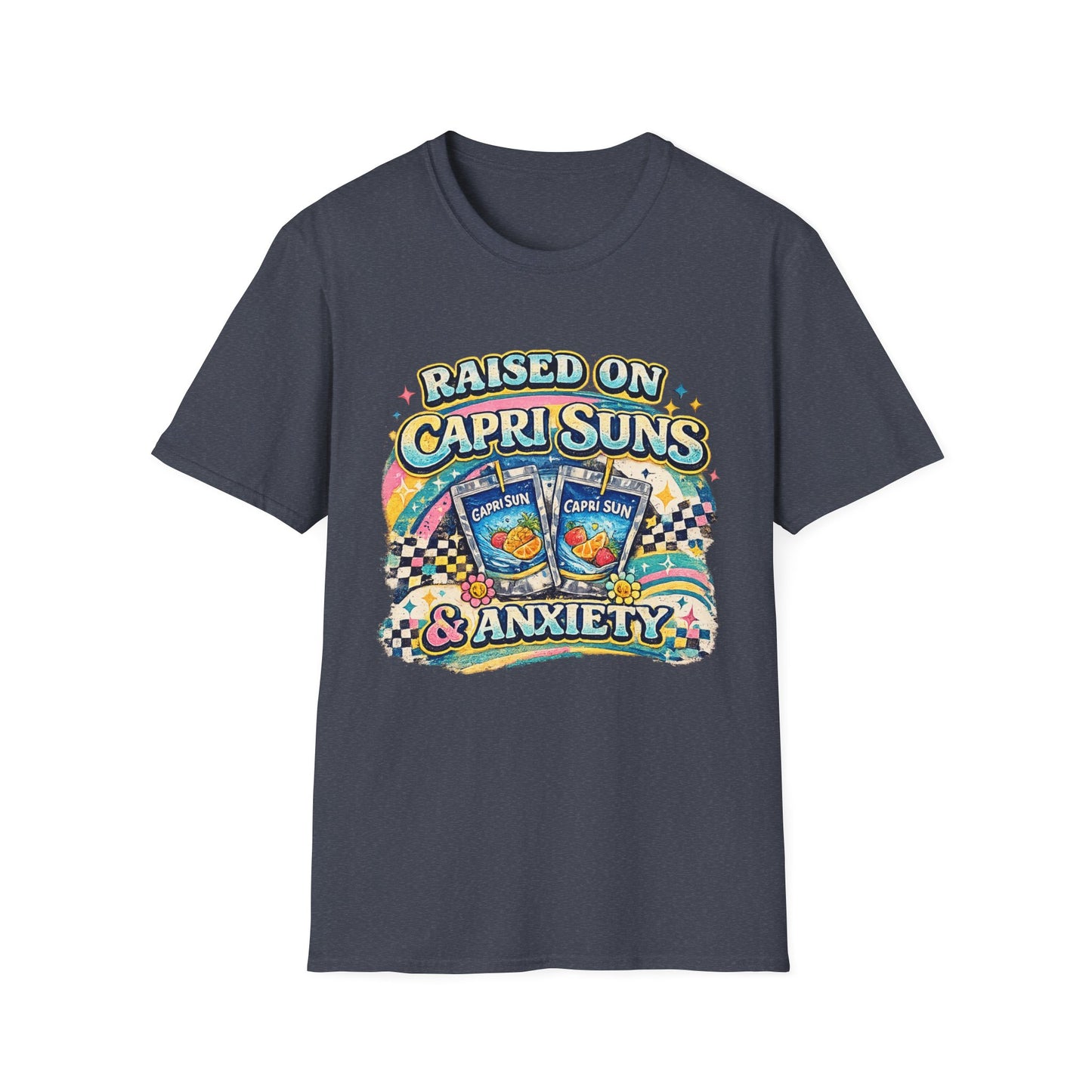 Raised on Capri Suns & Anxiety T‑Shirt — Retro Rainbow Vintage Graphic Tee