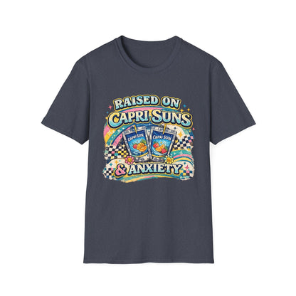 Raised on Capri Suns & Anxiety T‑Shirt — Retro Rainbow Vintage Graphic Tee