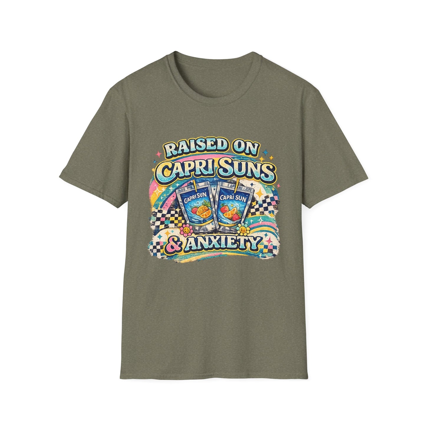 Raised on Capri Suns & Anxiety T‑Shirt — Retro Rainbow Vintage Graphic Tee