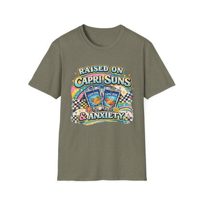 Raised on Capri Suns & Anxiety T‑Shirt — Retro Rainbow Vintage Graphic Tee