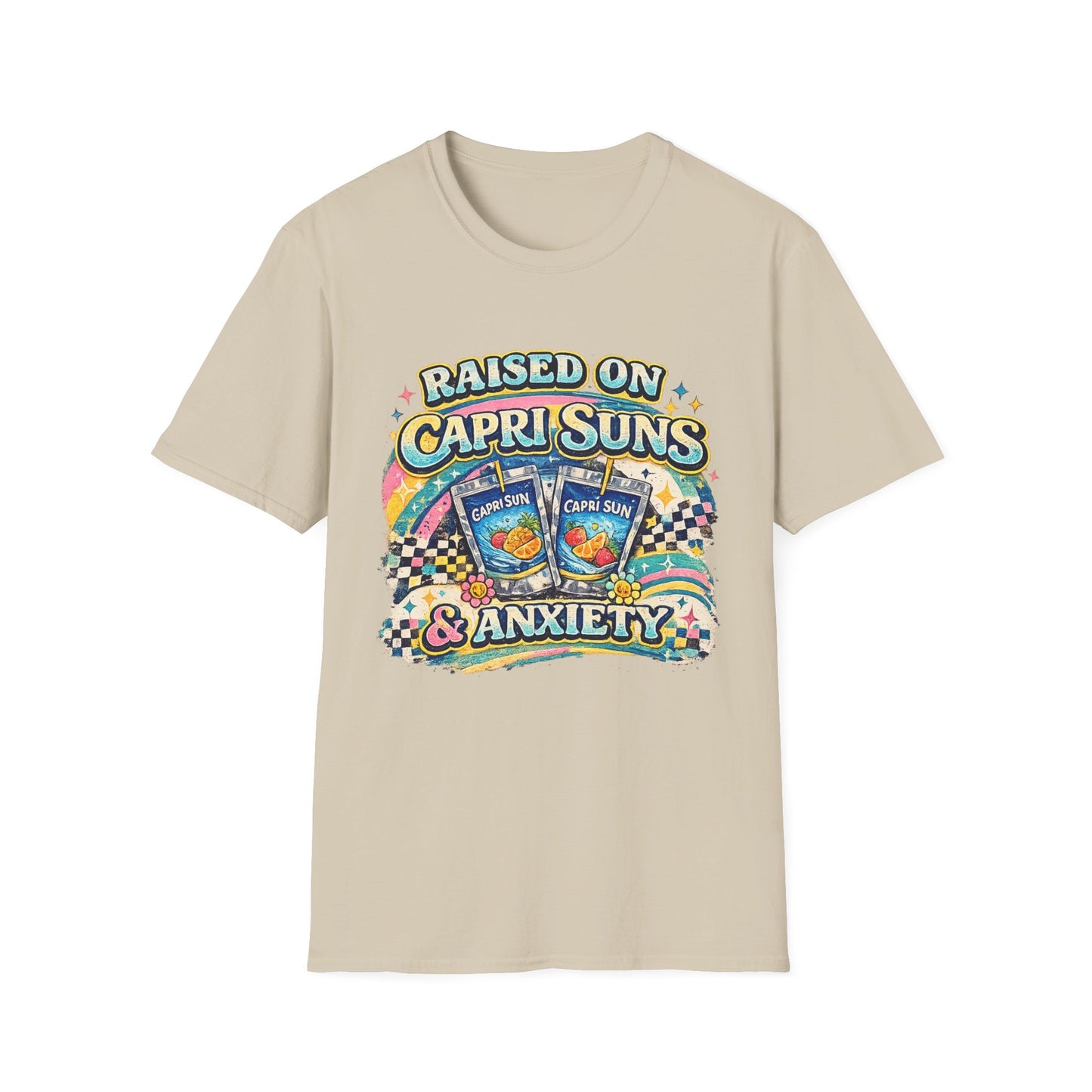 Raised on Capri Suns & Anxiety T‑Shirt — Retro Rainbow Vintage Graphic Tee