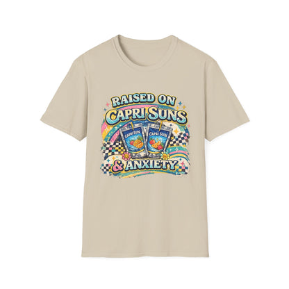 Raised on Capri Suns & Anxiety T‑Shirt — Retro Rainbow Vintage Graphic Tee