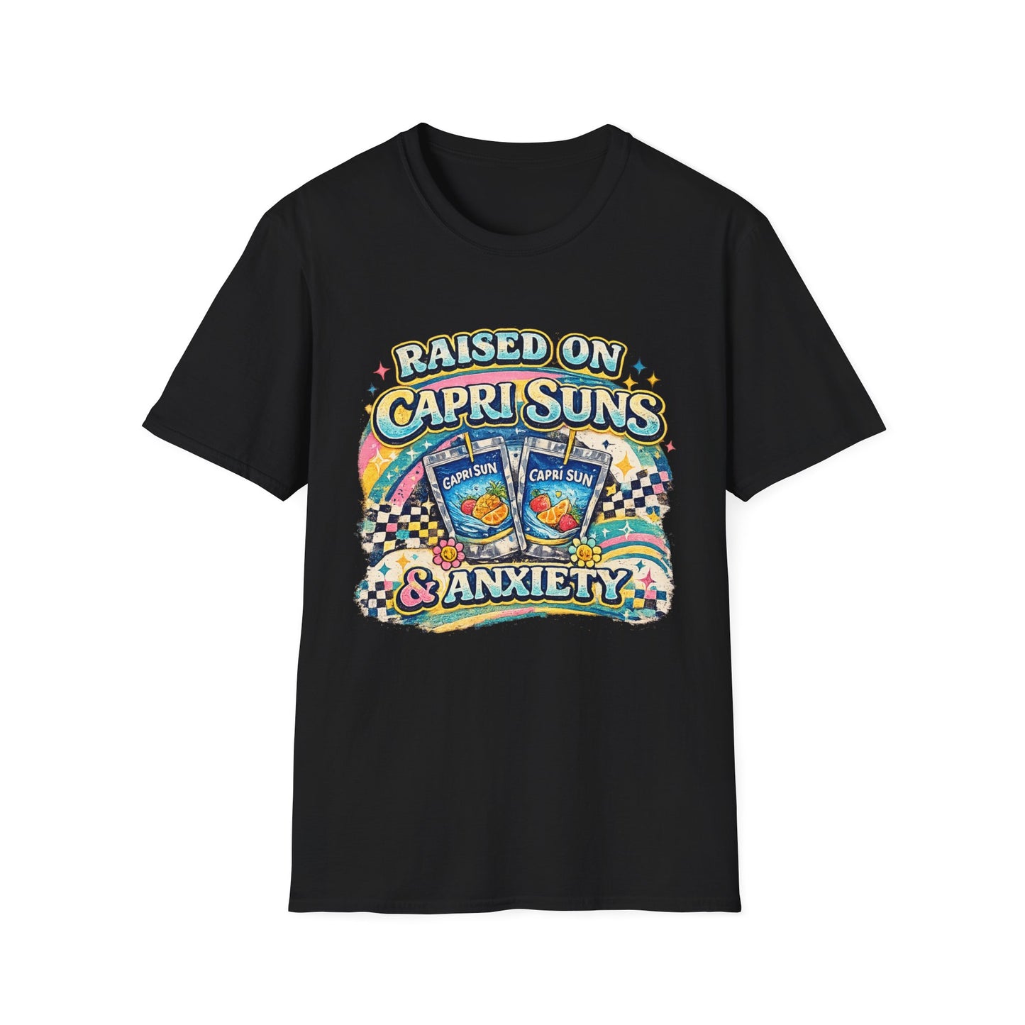 Raised on Capri Suns & Anxiety T‑Shirt — Retro Rainbow Vintage Graphic Tee