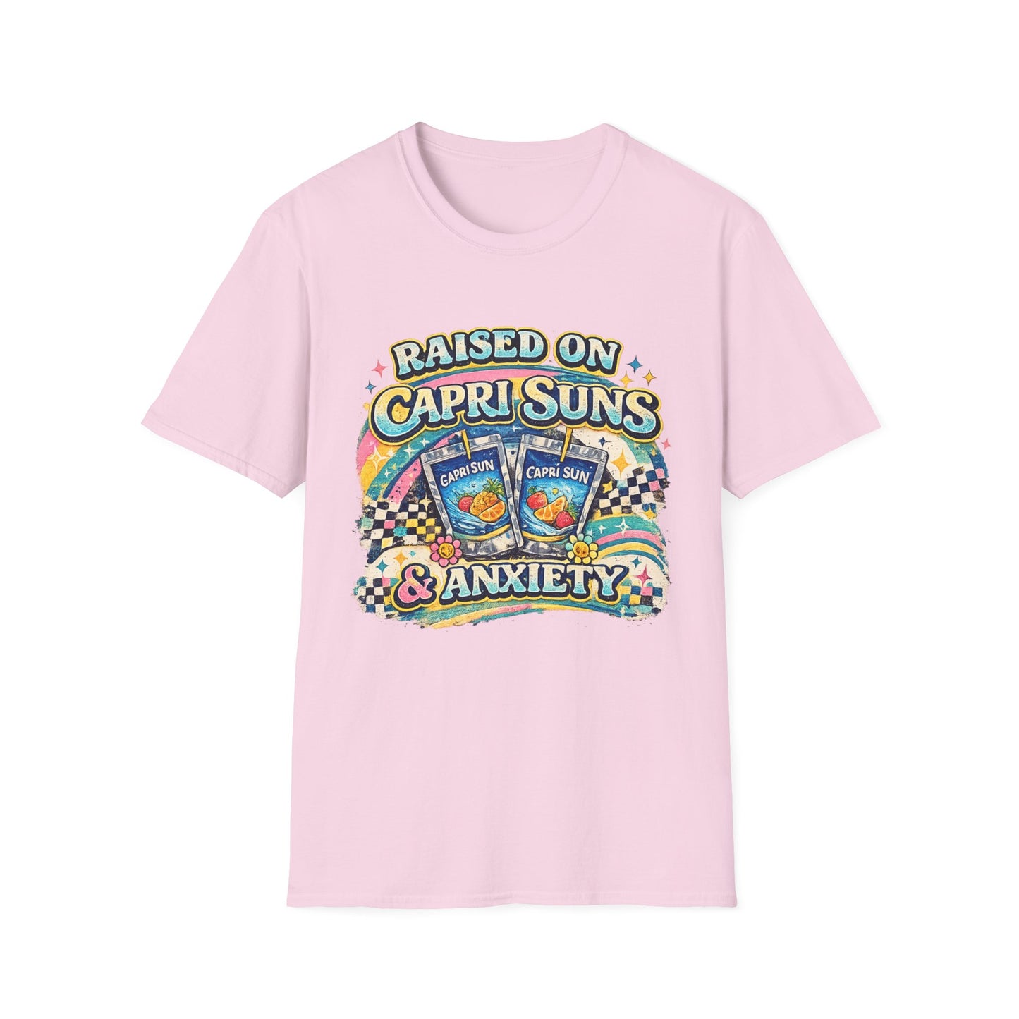 Raised on Capri Suns & Anxiety T‑Shirt — Retro Rainbow Vintage Graphic Tee