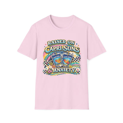 Raised on Capri Suns & Anxiety T‑Shirt — Retro Rainbow Vintage Graphic Tee