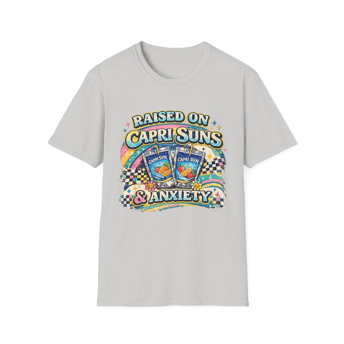Raised on Capri Suns & Anxiety T‑Shirt — Retro Rainbow Vintage Graphic Tee