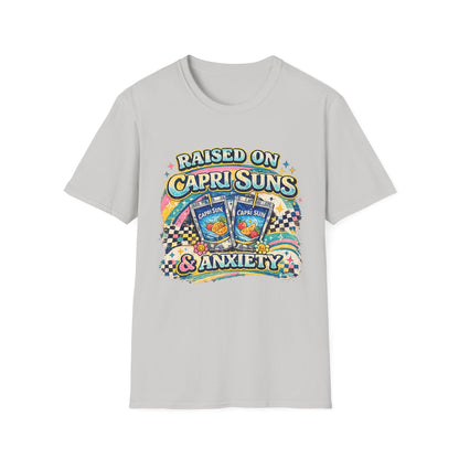 Raised on Capri Suns & Anxiety T‑Shirt — Retro Rainbow Vintage Graphic Tee