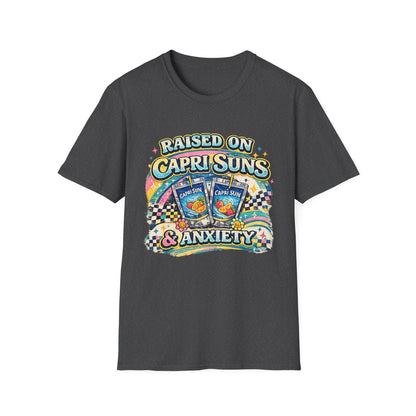 Raised on Capri Suns & Anxiety T‑Shirt — Retro Rainbow Vintage Graphic Tee